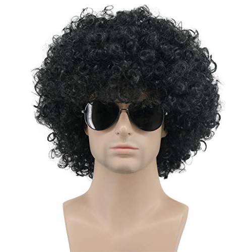 Karlery Adult Men Women Afro 70s 80s Short Curly Black Rocker Party Wig California Halloween Costume Cosplay Wig