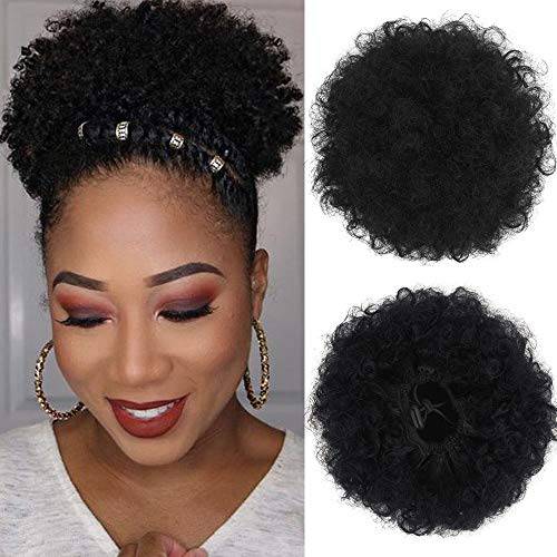 LEEONS Human Hair Puff Ponytail Kinky Curly Hair Bun Afro Puff Drawstring Ponytail For Black Women (8inch,Black)