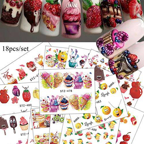 NAIL ANGEL 18 Sheets Nail Art Water Decals Ice-Cream Cupcake Ice-Lolly Fruit Designs Different Patterns Mix Nail Art Water Transfer Decals for Manicure (18sheets) 10031