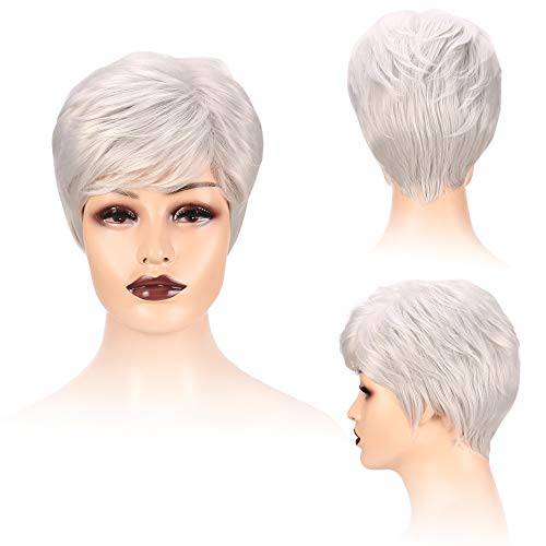 Short Silver White Wig,Old Lady Wigs Short Wig Ladies SYXLCYGG Curly Synthetic Older Womens Hair Wigs Fluffy, Full But Very Thin Only 2.7 OZ Grey Pixie Blonde Brown Free Wig Cap
