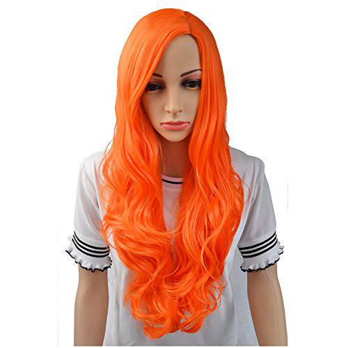 BERON 28 Women Girls Long Curly Wavy Wig Heat Resistant Synthetic Fiber with Wig Cap (Orange)