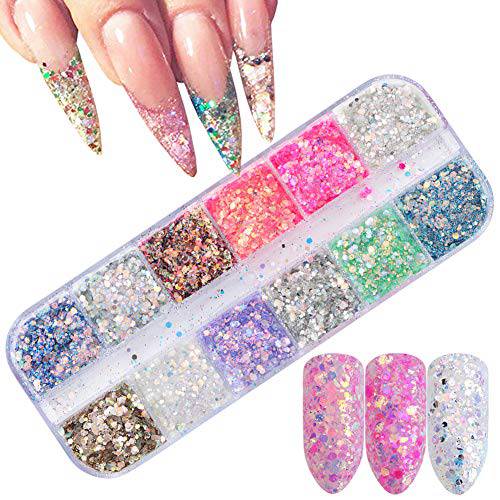 24 Shapes Holographic Nail Sequins Iridescent Mermaid Flakes Nail Glitter Nail Art Design Confetti Glitter Stickers Decals Manicure Nail Art Accessories Make Up DIY Nail Decorations