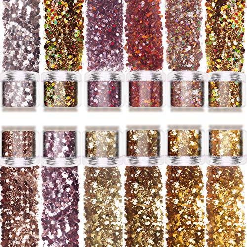 Laza 120g 12 Boxes Body Glitter Chunky Nail Mixed Holographic Hexagon Kit Gold Festival Sequin for DIY Decoration Drops- Golden Year