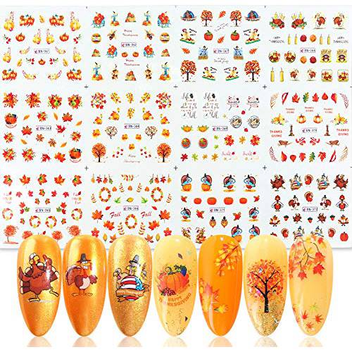 12 Sheets Fall Nail Art Stickers Maple Leaves Nail Decals Autumn Nail Art Supplies Pumpkin Turkey Maple Leaf Nail Design Sticker Water Transfer Manicure Tips Accessories Thanksgiving Decorations