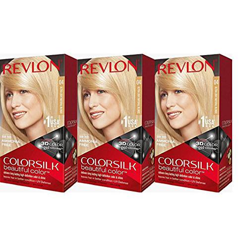 Permanent Hair Color by Revlon, Permanent Hair Dye, Colorsilk with 100% Gray Coverage, Ammonia-Free, Keratin and Amino Acids, 04 Ultra Light Natural Blonde, 4.4 Oz (Pack of 3)
