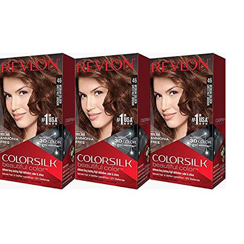 Permanent Hair Color by Revlon, Permanent Hair Dye, Colorsilk with 100% Gray Coverage, Ammonia-Free, Keratin and Amino Acids, 46 Medium Golden Chestnut Brown, 4.4 Oz (Pack of 3)
