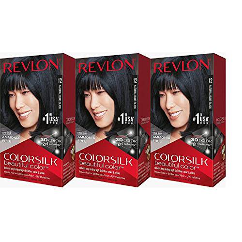 Permanent Hair Color by Revlon, Permanent Hair Dye, Colorsilk with 100% Gray Coverage, Ammonia-Free, Keratin and Amino Acids, 12 Natural Blue Black, 4.4 Oz (Pack of 3)