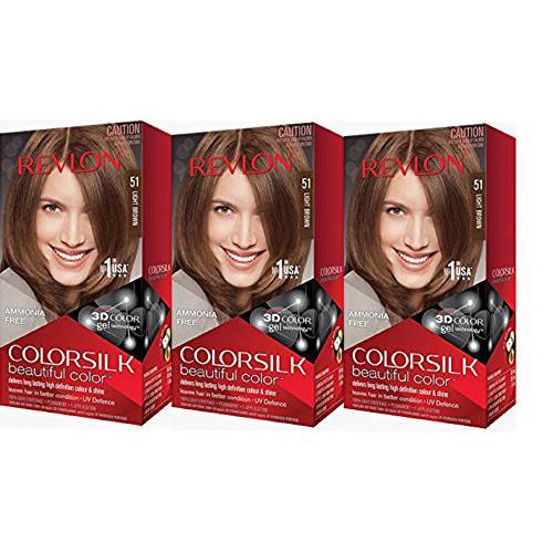 Permanent Hair Color by Revlon, Permanent Hair Dye, Colorsilk with 100% Gray Coverage, Ammonia-Free, Keratin and Amino Acids, 51 light Brown, 4.4 Oz (Pack of 3)