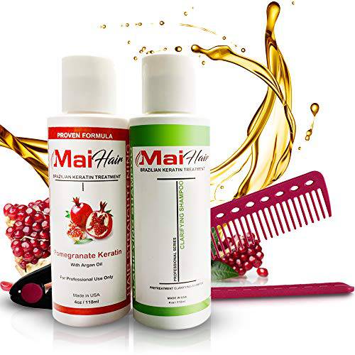 Brazilian Keratin Hair Treatment Complex and Clarifying Shampoo Kit – Professional Effective Fast Acting Formula Infused with Organic Pomegranate and Argan Oil (4 oz)
