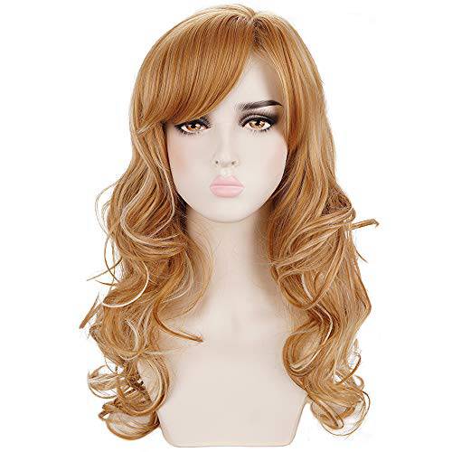 Deifor Long Curly Wavy Strawberry Blonde Highlights Natural Synthetic Hair Wigs with Bangs for Women Daily Wear, Cosplay, Halloween