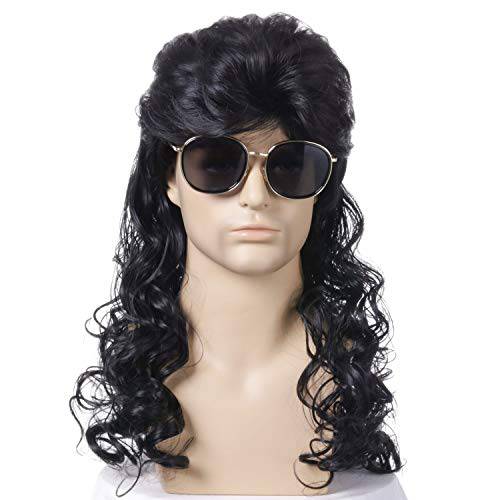 Qaccf 80s Mullet Wig Long Curly Black Rock Style Punk Mens Wig (Mens Costume)