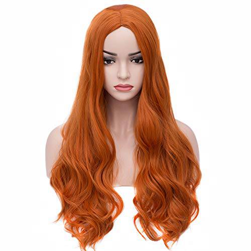 BERON 27 Inches Orange Wig Long Curly Wig Orange Wig for Women Red Orange Wig Heat Resistant Synthetic Hair Dark Orange Wig