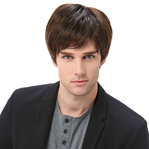 Baruisi Mens Short Brown Wig Natural Hair Replacement Synthetic Costume Halloween Full Wigs