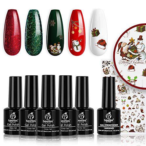 Beetles Christmas Gel Nail Polish Set, Sparkle Red Green Gel Polish Kit Soak Off LED Gel Nail Kit Manicure Gift with Nail Strengthener Gel and Stickers Christmas Decoration Nail Art New Year’s Gift