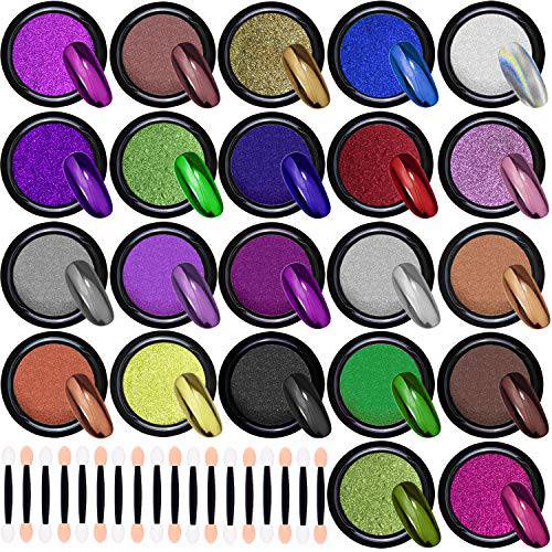 Duufin 22 Colors Chrome Nail Powders Metallic Nail Powder Mirror Effect Nail Art Chrome Powder with 22 Pcs Eyeshadow Sticks, 1g/Jar