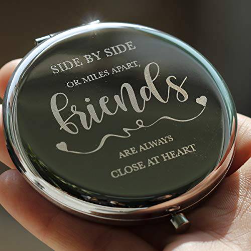 Side by Side or Miles Apart Friends Gifts - Best Friend Long Distance Friendship Gifts for Women - Birthday, for BFF, Bestie, Soul Sister, Girlfriends - Makeup Mirror Silver