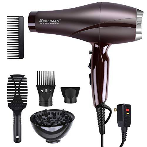 2000 Watt Hair Dryers, Xpoliman Professional Salon Hair Dryer with AC Motor, Negative Ionic Blow Dryer with Diffuser Concentrator Comb, 2 Speed 3 Heat Settings,Low Noise Long Life Style-Brown/Purple