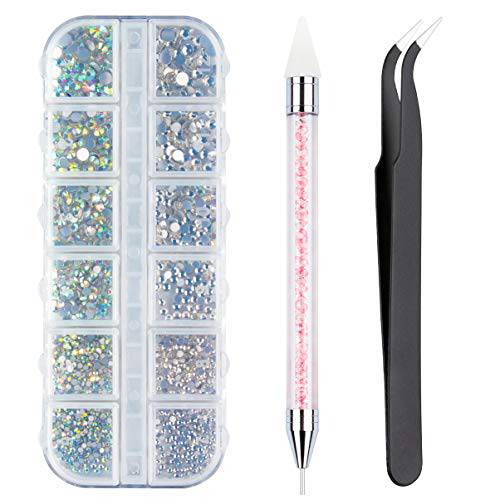 Subay Crystals AB Nail Art Rhinestones Decorations Nail Stones for Nail Art Supplies and Clear Crystal Rhinestones with Pick Up Tweezer and Rhinestone Picker Dotting Pen