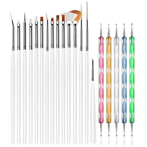 JOYJULY 20pcs Nail Art Design Tools, 15pcs Painting Brushes Set with 5pcs Dotting Pens, WHITE …