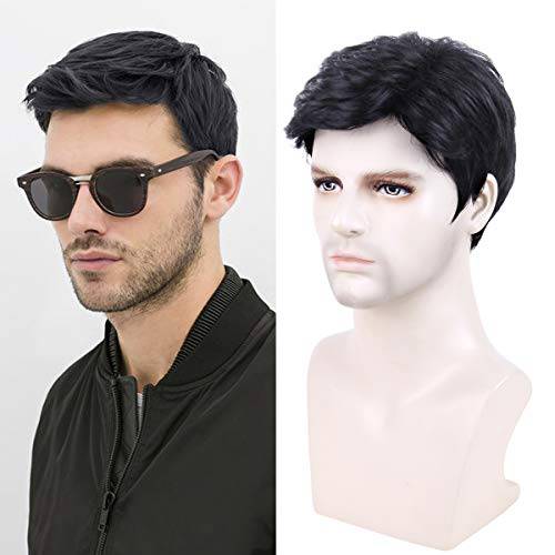 Creamily Mens Wig, Black Short Curly Hair Wig Synthetic Wigs, Halloween Wigs for Men Realistic Wig Caps Hair Replacement Side-parting Wigs for Boy Male