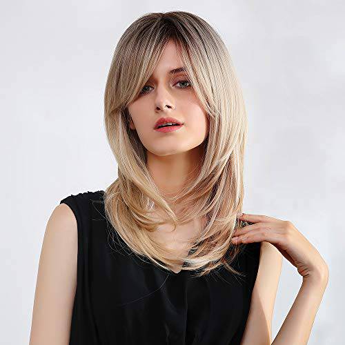 FORCUTEU Straight Wigs with Bangs Long Layered Shoulder Length Synthetic Wigs for Women Natural Looking Heat Resistant Wig (Ombre Blonde)