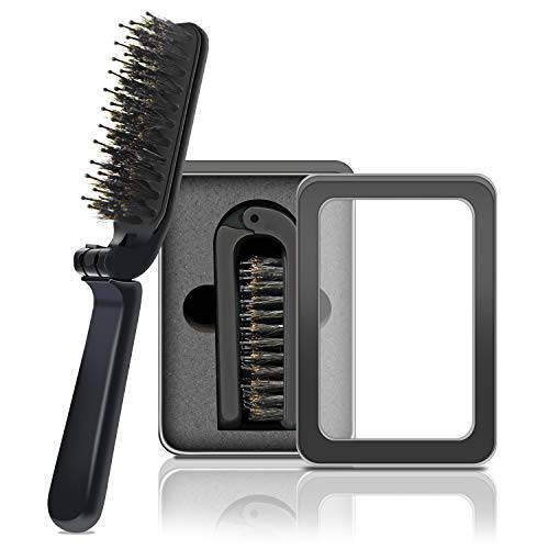 Travel Brush Mini Boar Bristle Brush Folding Hair Brush for Thin/Thick Hair, Mini Hair Brush for Women and Men for Smoothing Detangling Massaging Adding Shine, Great for Purse or Pocket.