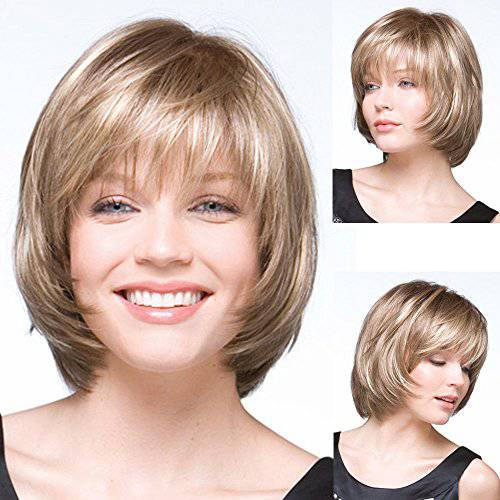 GNIMEGIL Short Light Brown Mix Blonde Bob Wig with Bangs for White Women Natural Synthetic Hairstyles with Highlight Soft Hair Replacement Wigs Daily Use Christmas Costume for Women