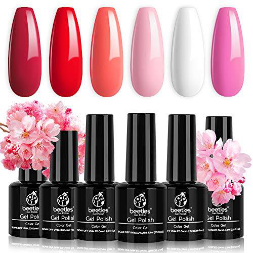 Beetles Gel Nail Polish Set - 6 Colors Pink Rose Cherry Red Spring Summer Nail Gel Kit Pink Christmas Decorations Sweet Nails Gifts for Women Girl Mom Manicure Kit Soak Off LED Nail Lamp Light