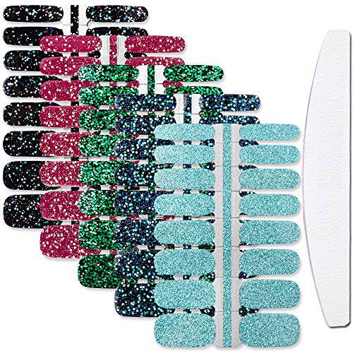 WOKOTO 5 Sheets Adhesive Nail Polish Decals Tip with 1Pc Nail File Glitter Solid Color Full Wraps Nail Stickers Strips Set Manicure Kit