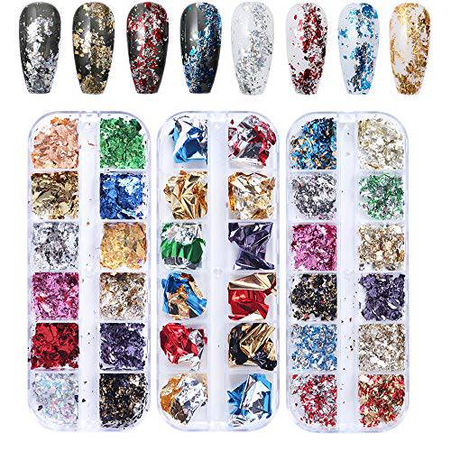 EBANKU Nail Foil Flakes Laser 36 Grid Holographic Nail Art Paillette Chip  for Nails Decorations Nail Glitter Flake Decals for Party Festival