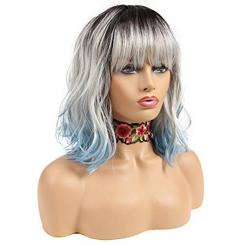 NOBLE Blue Wig with Bangs Short Bob Curly Wigs for White Women Colorful Wavy Bob Wigs with Air Bangs Heat Resistant Synthetic Silver Blue Wigs for Daily Party Cosplay Costume Wigs