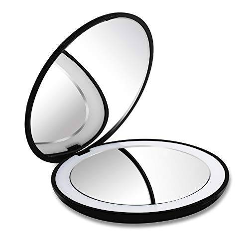 deweisn Folding Compact Rechargeable Lighted Makeup Mirror for Travel, Purse and Handbags1X and 10X Magnifying Handheld Makeup Mirror Diameter 5”x Thick 0.33 Double Side Mirror