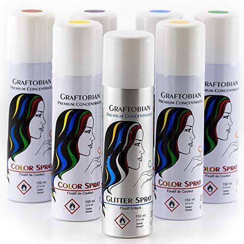 Graftobian Hairspray Temporary Hair Color Spray - Rich Color & Easy Wash (Free Glitter Spray), ColorSpray Set 2 - 150ml
