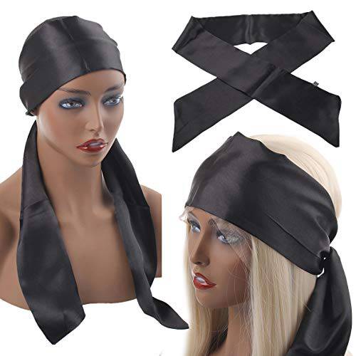 Xtrend 2Pcs Women’s Satin Edge Scarves for Wigs 58 Inch Silk Edge Laying Scarf for Women Non Slip Hair Wrap Wigs Grip Band for Yoga, Makeup, Facial, Sport (2 pcs, Black)