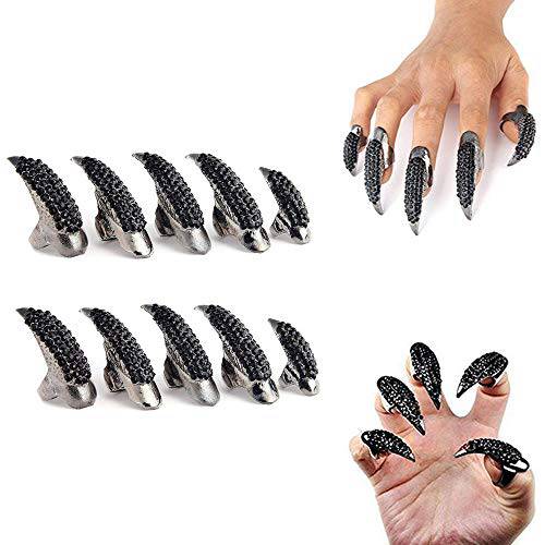 10pcs Finger Nail Ring Claws-Halloween Costume Claws Full Finger Ring Claws for Men Women Black Crystal Long Nails