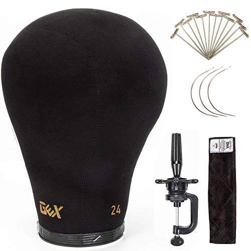 GEX 20-24 Canvas Cork Wig Block Mannequin Head for Wig Making Drying Styling Display with Table C Clamp Stand Holder (Black 24)