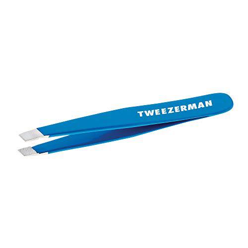 Tweezerman Mini Slant Tweezer - Tweezers For Eyebrows, Travel Tweezers For Eyebrows, Facial Hair, Ingrown Hair (Bahama Blue)