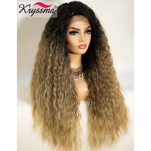 K’ryssma Fashion Women’s Brown Natural Looking Glueless Synthetic Hair Lace Front Wigs Heat Friendly Side Parting Long Wavy Replacement Hair Wig with Highlights Half Hand Tied