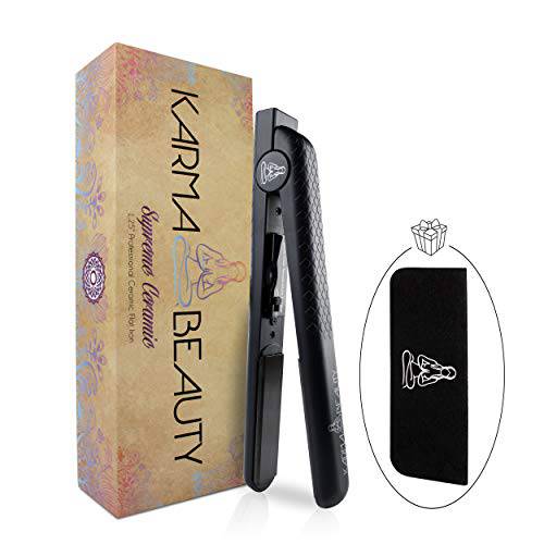 Ceramic Hair Straightener | 1.25’’ Flat Iron | 450° F High Heat | Straight & Curly | Dual Voltage | Adjustable Temperature | For All Hair Types | Karma Beauty |(Black)