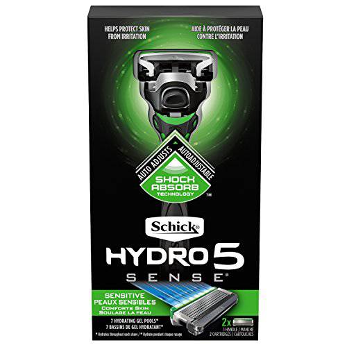 Schick Hydro 5 Sense Energize Razor with Shock Absorb Technology for Men, 1 Handle with 2 Refills