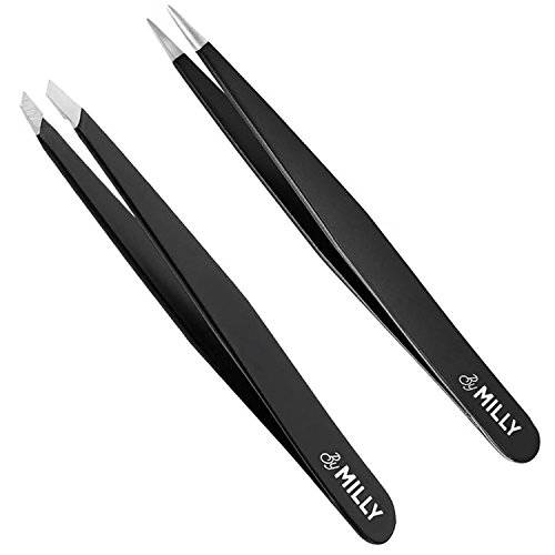 By MILLY Precision Tweezers Set, Slanted and Pointed Tips - Hammer Forged 100% German Steel - Perfectly Aligned, Hand-Filed Tips - Black