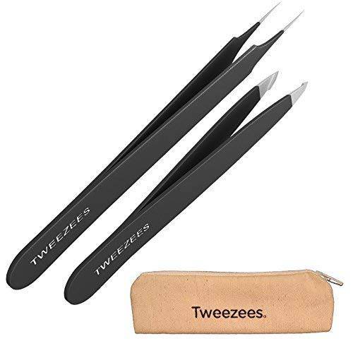 Tweezees Precision Red Stainless Steel Tweezers | Professional Slant Tip & Splinter Tip Tweezer | Extra Sharp Hair Removal Tool | For Eyebrow Shaping