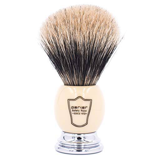 Parker Safety Razor, Premium 3 Band Pure Badger Shaving Brush with Stand Included - Packaged in a Gift Box - Generate a Thick & Luxurious Lather with Your Favorite Shave Soap - Black & Chrome Handle
