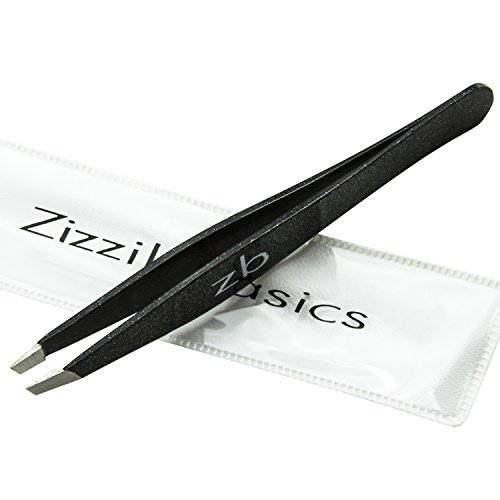 Zizzili Basics Tweezers - Surgical Grade Stainless Steel - Slant Tip for Expert Eyebrow Shaping and Facial Hair Removal - with Bonus Protective Pouch - Best Tweezer for Men and Women