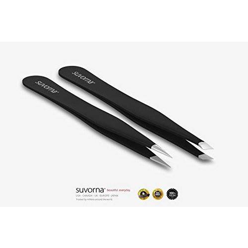 Suvorna 4 Precision Aligned Professional Tweezers Color Sets with Premium Stainless Steel. One Sharp Pointed Pair and One Slant Tip Pair for Eyebrow Shaping. Great for Ingrown Hair. (Red)