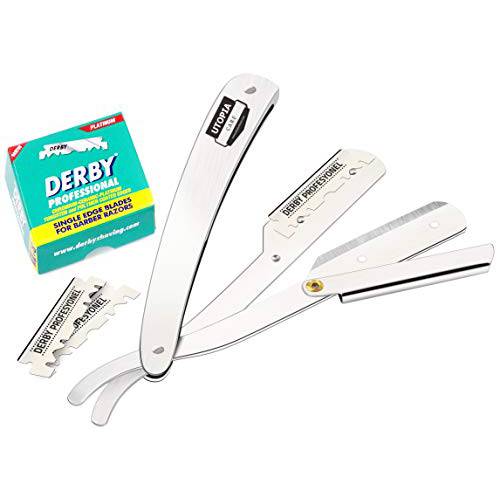 Professional Barber Straight Edge Razor Safety with 100-Pack Derby Blades - 100 Percent Stainless Steel - by Utopia Care