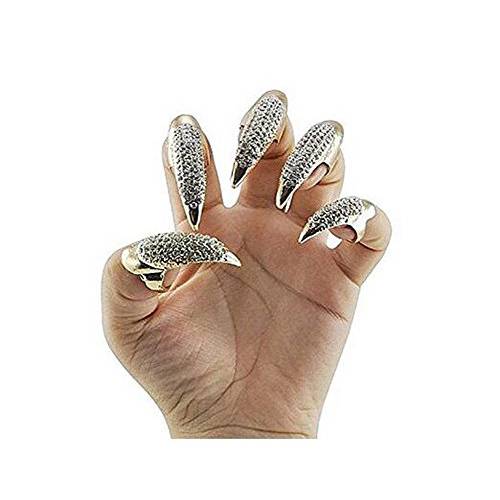 5PCS Gothic Punk Crystal Full Finger Rings Paved Paw Bend Fingertip Fingernail Claw Girls Women Men Ring False Easy Long Nails (Gold)