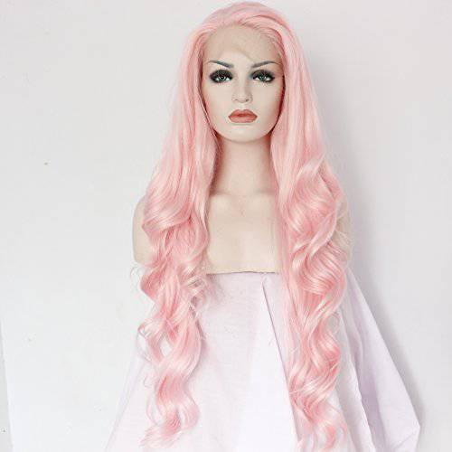 Ebingoo Natural Long Wavy Middle Part Pink Synthetic Lace Front Wig for Women Girls 26 inch( with Wig Cap)
