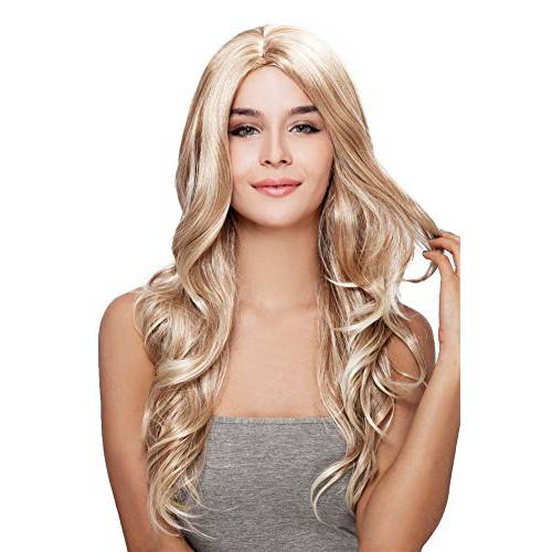 Kalyss Long Body Wavy Curly Blond Wigs Ombre Blonde Premium Synthetic Wigs Heat Resistant Wigs for Women Natural Looking Middle Parting Hairline Fashion Looking Wigs
