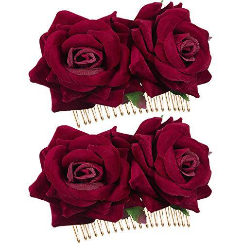 Bememo 2 Pack Rose Flower Hair Clip Women Rose Flower Hair Accessories Wedding Hair Clip Flamenco Dancer (Red)